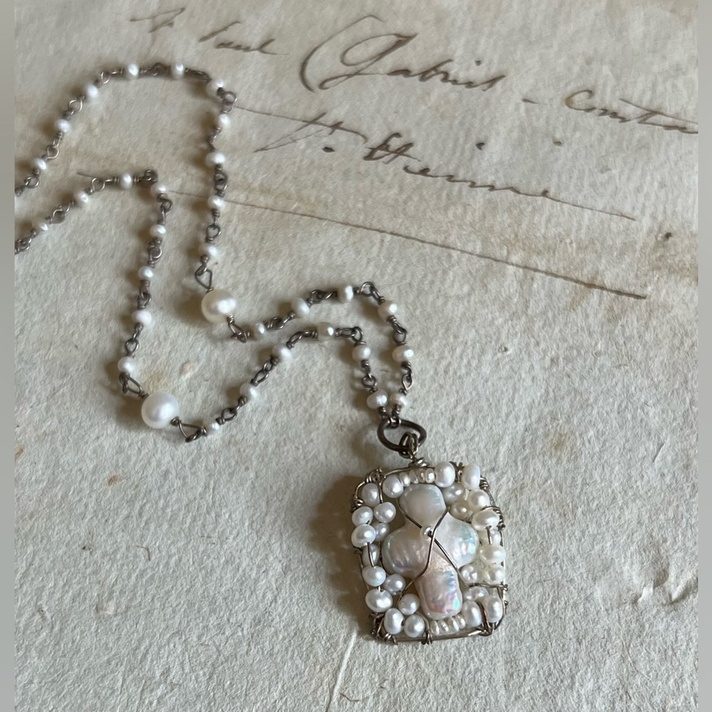 Pearl Cross Necklace, Dainty Handmade Vintage Freshwater Seed Pearls on Chain